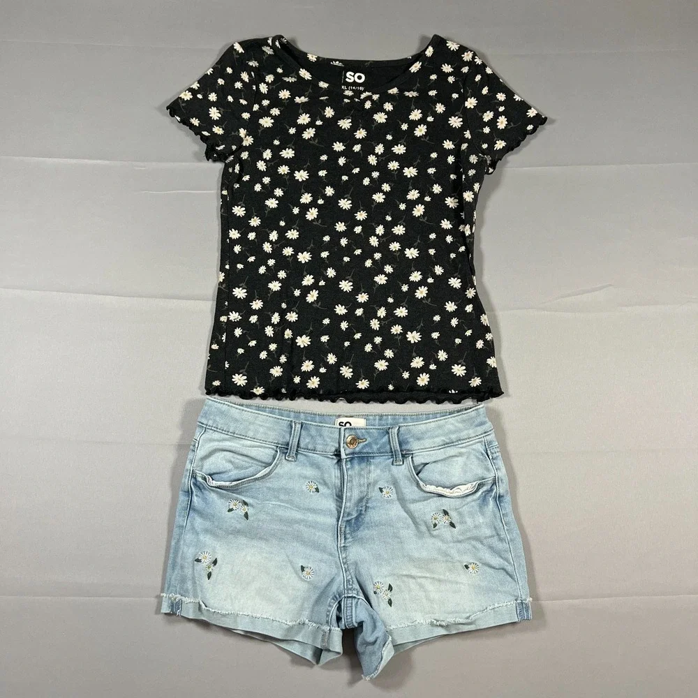 SO 2 Piece Top & Shorts Set Girls 14/16 Black Blue Denim Floral Cotton Stretch
